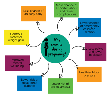 Why exercise during pregnancy infographic with several reasons why it's healthy to exercise  including less chance of and early baby, healthier blood pressure and more.