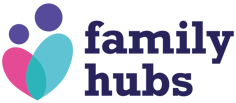 Family Hubs logo of a blue and pink oval which meet in the middle to make a heart, plus two dots representing heads.