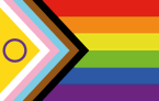 LGBTQIA+ New Pride Flag - A horizontal rainbow with colourful striped arrow representing all gender identities and sexualities.