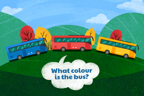 What colour is the bus illustration featuring coloured buses on a green landscape