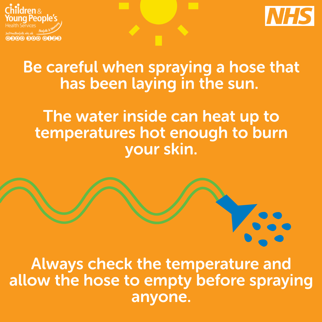 Sun Safety Graphic of a hose saying to be careful of spraying a hose that has been left out in the sun.
