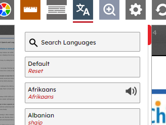 screenshot illustrating the translation menu, showing a search bar, a default language button and different languages.
