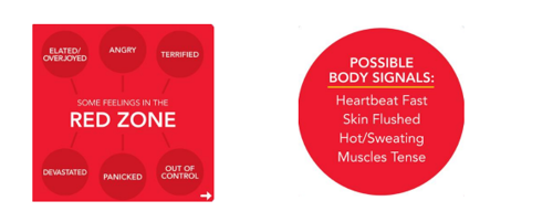Red Zone - Feelings include elated or overjoyed, angry, terrified, devastated, panicked or out of control. Body signal include heart beating fast, skin flushed, hot/sweating & tense muscles.