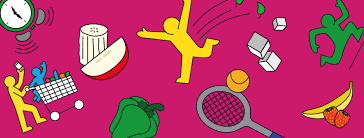Healthier families graphic including healthy food and sports symbols on a pink background.