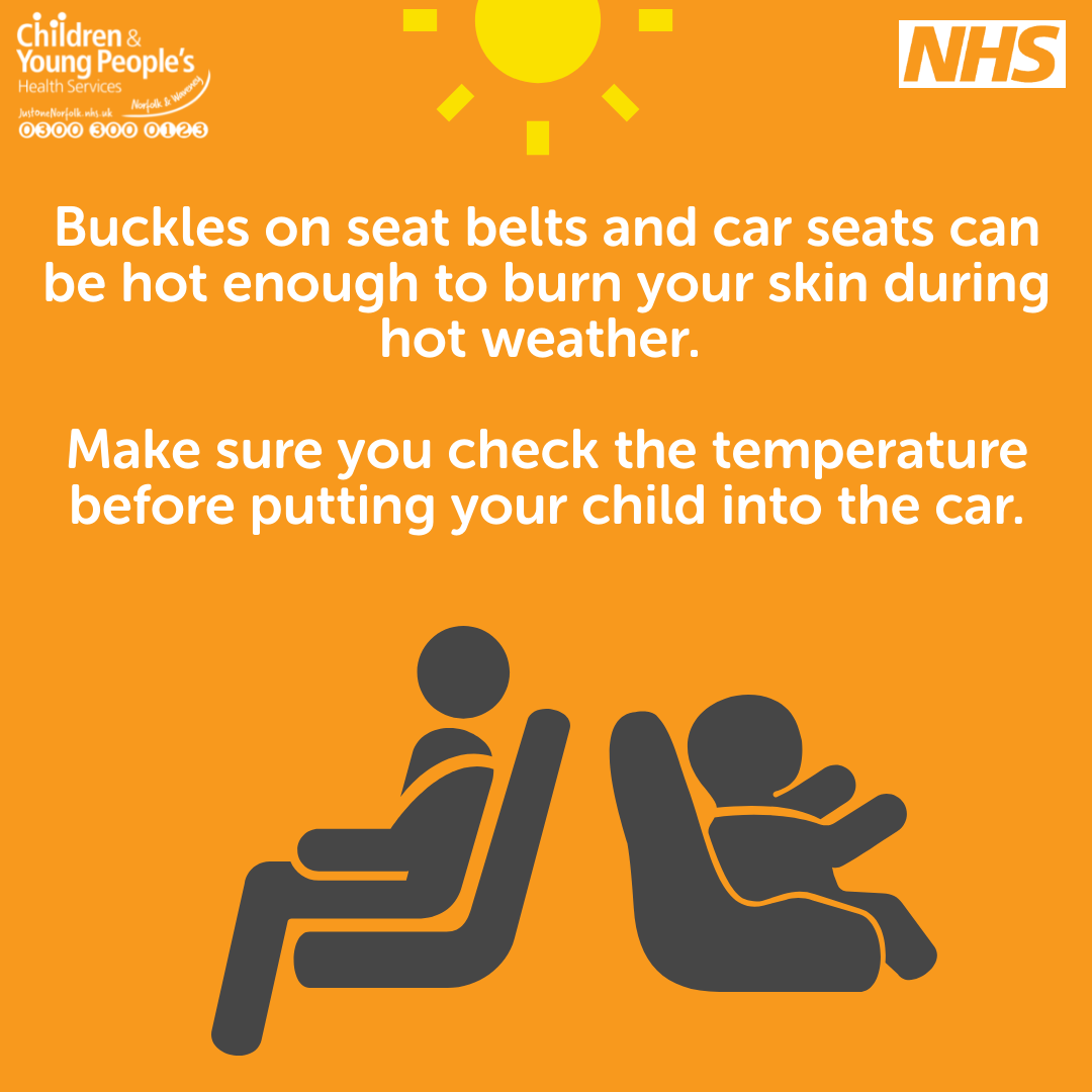 Sun safety graphic saying to be careful as buckles on seatbelts and car seats can get very hot in the sun.