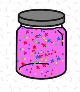 A simple drawing of a transparent jar filled with pink liquid and sequins, glitters and stars floating inside.
