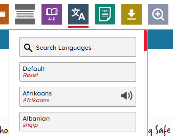screenshot illustrating the translation menu, showing a search bar, a default language button and different languages.