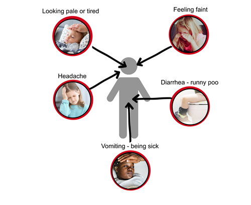 Serious illness graphic. Sickness. One symptom - talk to a health professional today, more than one symptom, call your gp or 111 straight away - looking pale or tired, feeling faint, headache, diarrhea or vomitting