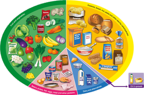 Eatwell Plate - A drawing of a plate separated into sections for fruit and veg, potatoes, bread and starchy carbohydrates, dairy and alternatives and beans pulses, fish, eggs and other proteins.