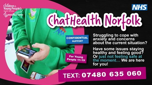 Chathealth Norfolk Graphic - Young people aged 11-19 can text 07480635060 for confidential support