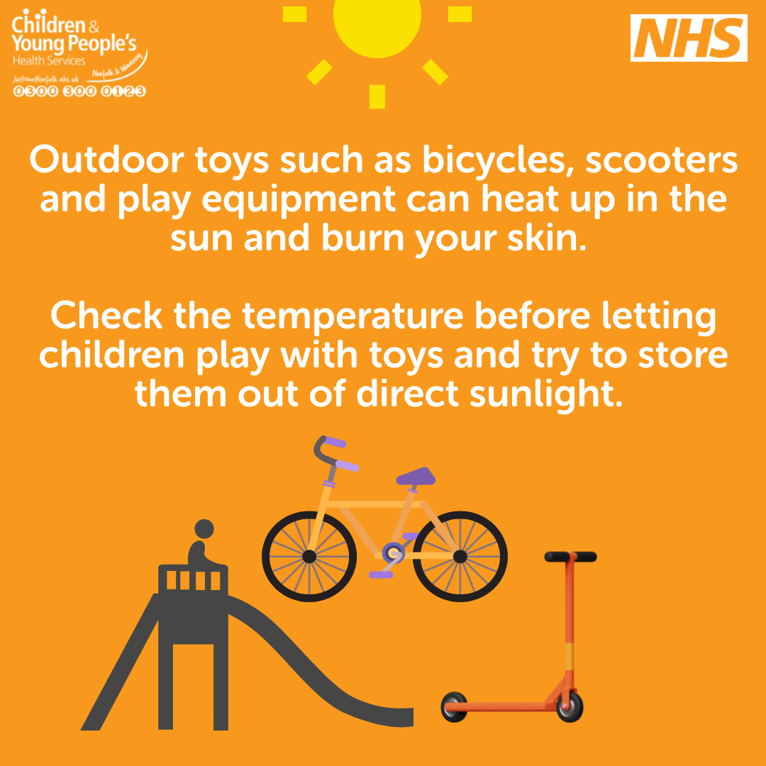 Sun safety Graphic of a bike, scooter and play equipment saying to be careful as they can heat up in the sun.