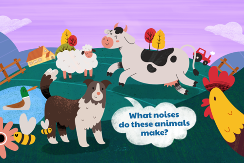What noises do these animals make illustration with farm animals on a farm landscape including chickens, cows, cat and sheep.