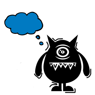 A digital image of a short round black monster with one central eye and big sharp teeth. A blue thought bubble that is empty comes from it's head.