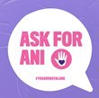 Ask for Ani logo, purple square, white speech bubble with a pink heart inside a hand.